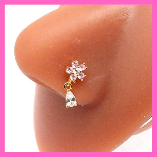 Pink Flower Dangle Nose Ring